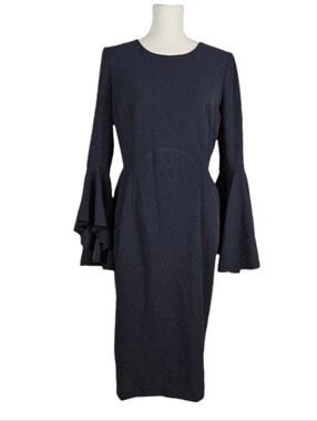 Maggy London Dress Scuba Dark Blue Knee Length Stretch Bell Sleeve 10 Lined